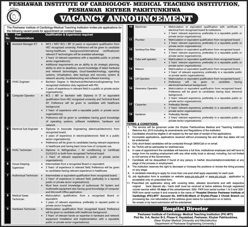 Jobs Peshawar Institute of Cardiology Peshawar Jobs 2020 — original advertisement