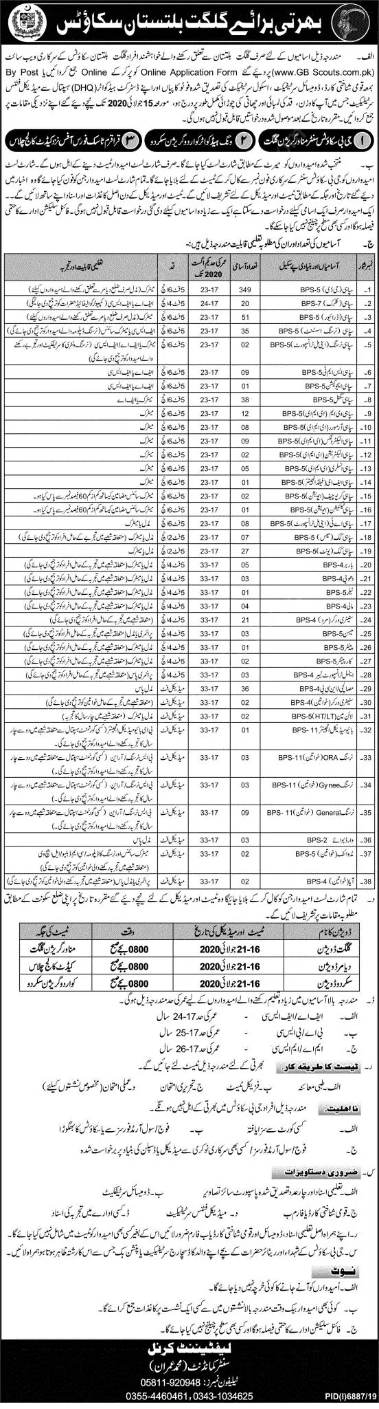 Jobs Gilgit Baltistan Scouts Jobs 2020 — original advertisement