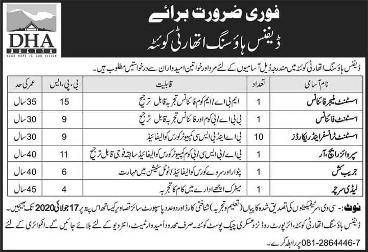 Jobs Defense Housing Authority Quetta – Defence Housing Authority Jobs 2020 — original advertisement