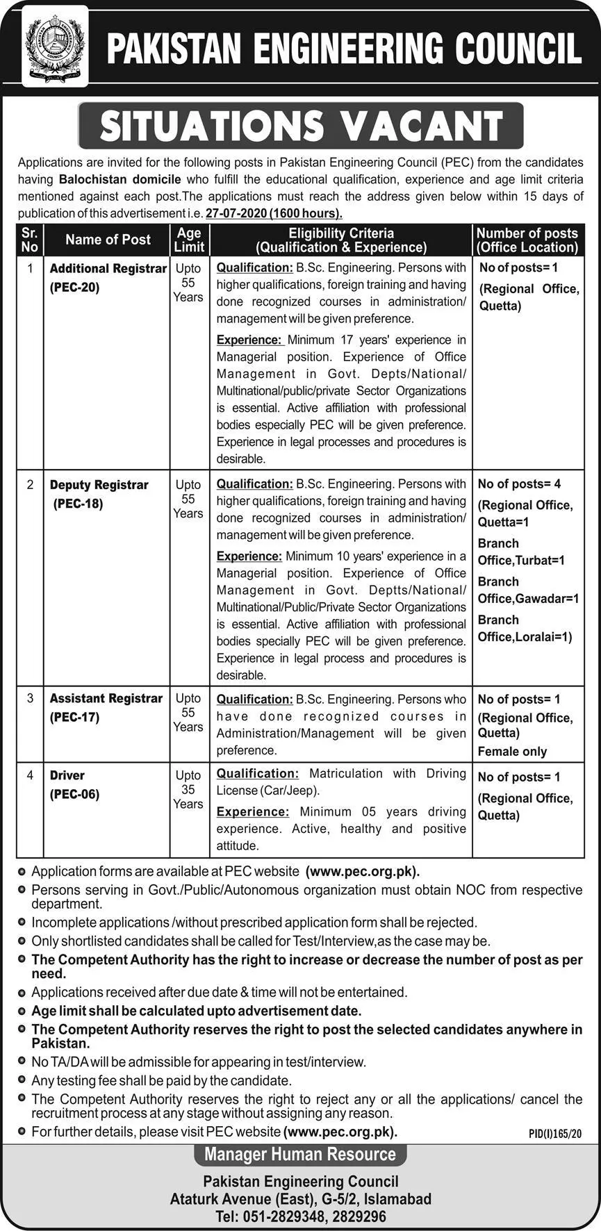 Jobs Pakistan Engineering Council (PEC) Quetta Balochistan Jobs 2020 — original advertisement