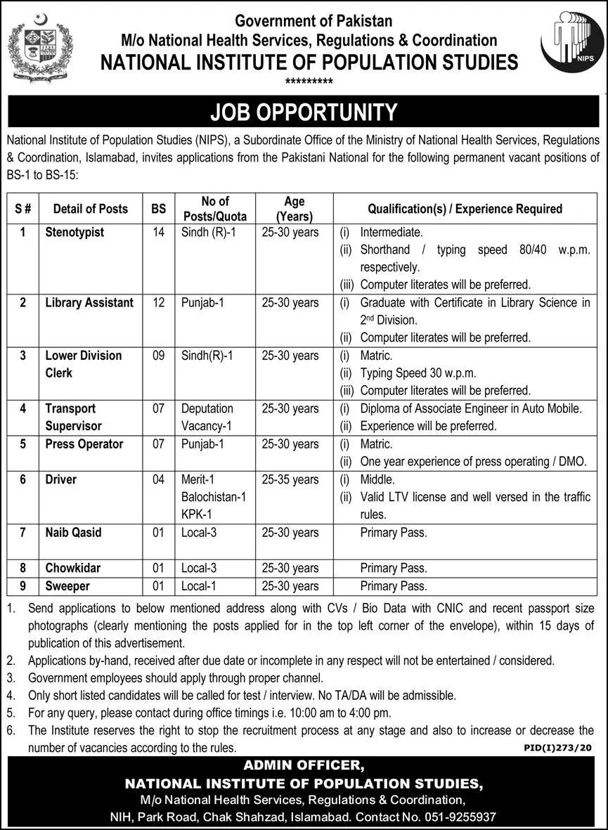 Jobs In National Health Services Regulation and Coordination – Ministry of National Health Services Regulation and Coordination Jobs 2020 — original advertisement