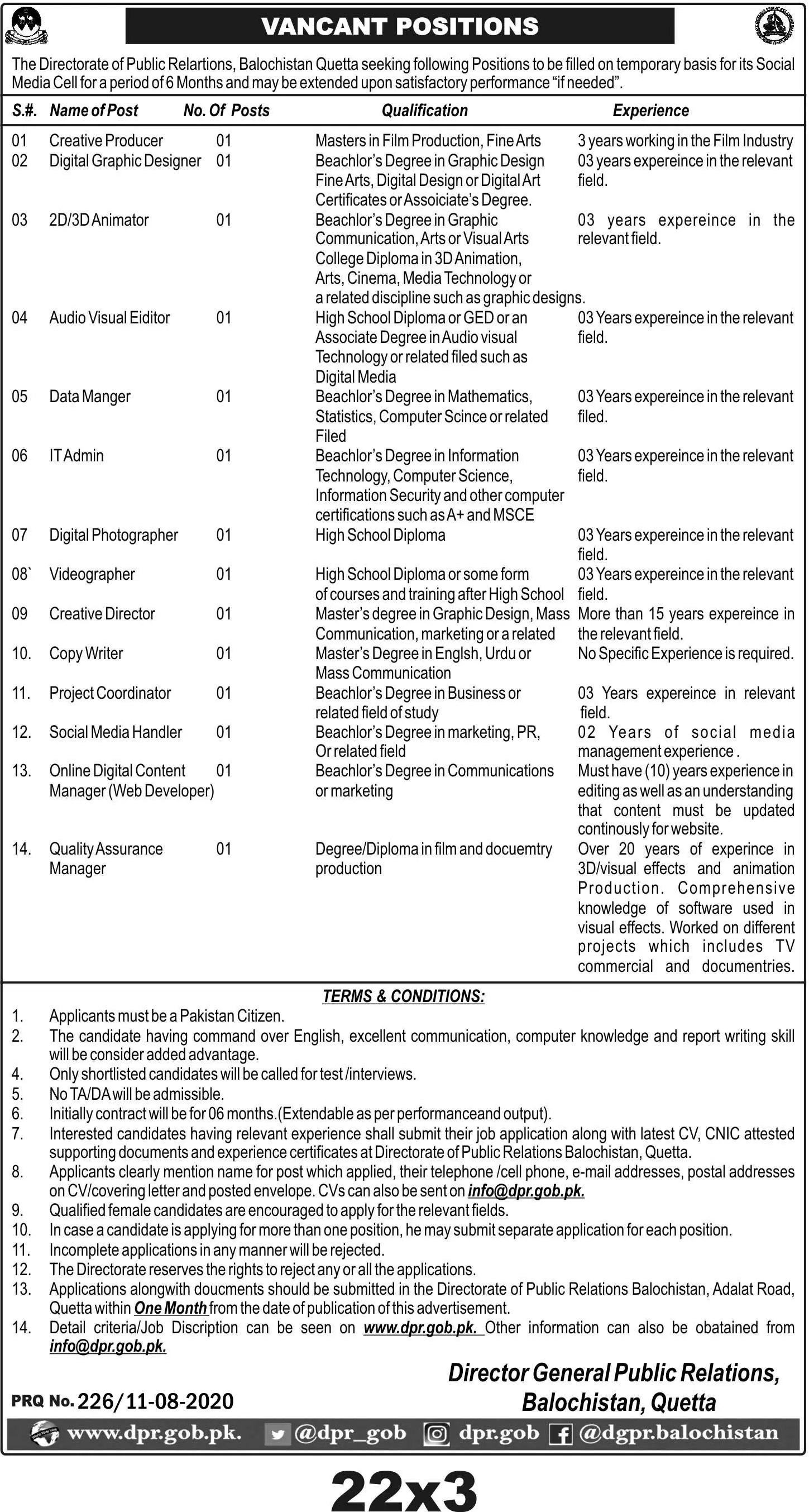 Jobs Directorate of Public Relations Quetta Balochistan – Information Department Balochistan Jobs 2020 — original advertisement