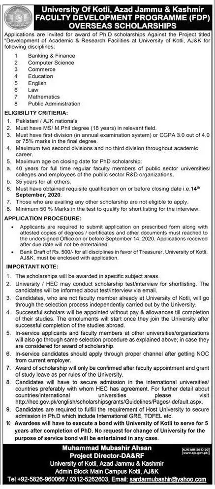 Overseas PHD Scholarship 2020 University of Kotli – University of Kotli Azad Jammu and Kashmir Scholarships 2020 — original advertisement