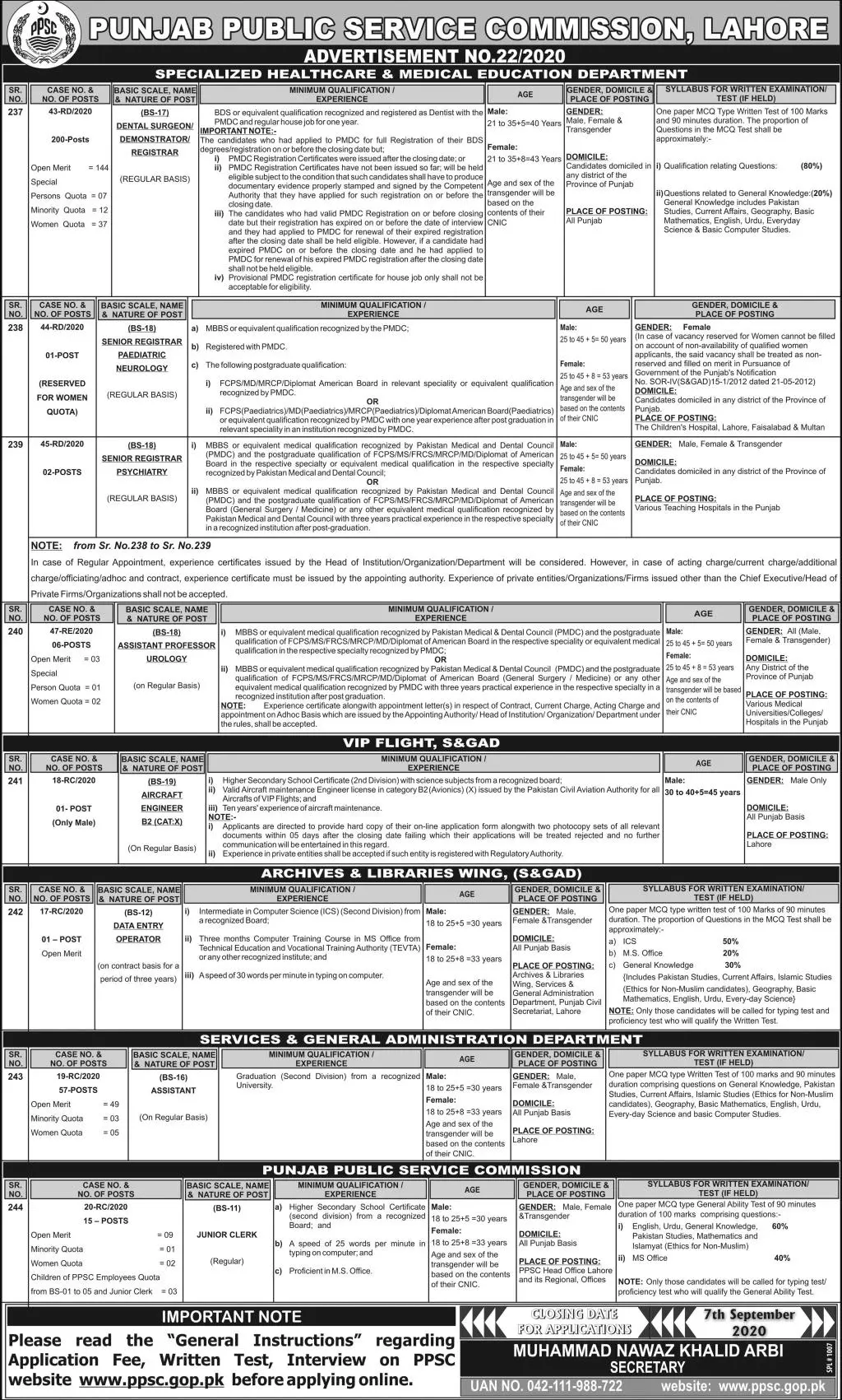 Jobs Punjab Public Service Commission lahore Jobs 2020 — original advertisement