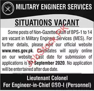 Jobs Military Engineering Services MES Pakistan – Military Engineering Services Pakistan Jobs 2020 — original advertisement