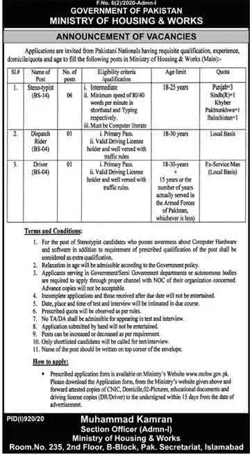 Jobs Ministry of Housing & Works Pakistan – Ministry of Housing and Works Jobs 2020 — original advertisement