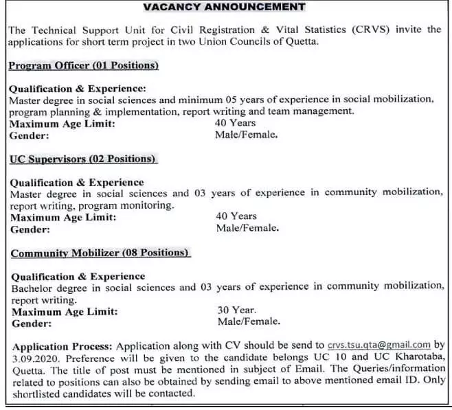 Civil registration & Vital statistics Quetta – Non-Profit Organization Jobs 2020 — original advertisement