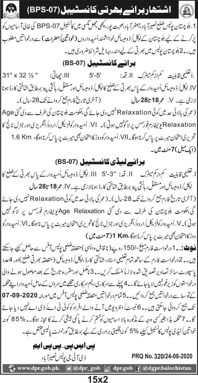 Jobs Police Department Nasirabad Region Balochistan – Balochistan Police Department Jobs 2020 — original advertisement
