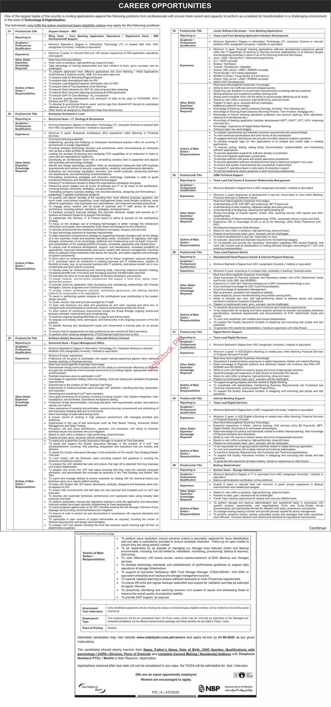 Jobs National Bank of Pakistan Jobs 2020 — original advertisement