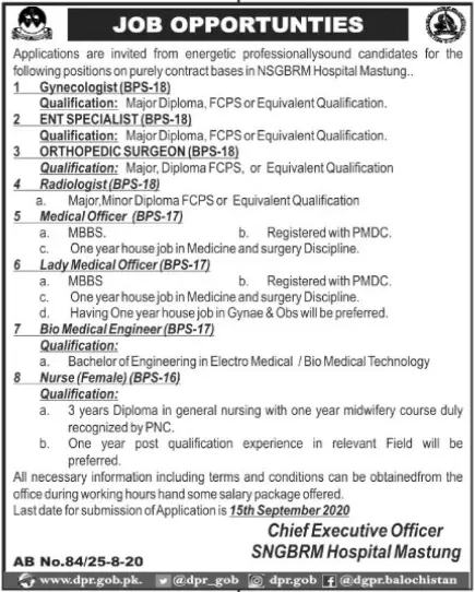 Jobs Shaheed Nawab Ghous Bakhsh Raisani memorial hospital – Nawab Shaheed Ghous Bakhsh Raisani Memorial Hospital Mastung Jobs 2020 — original advertisement