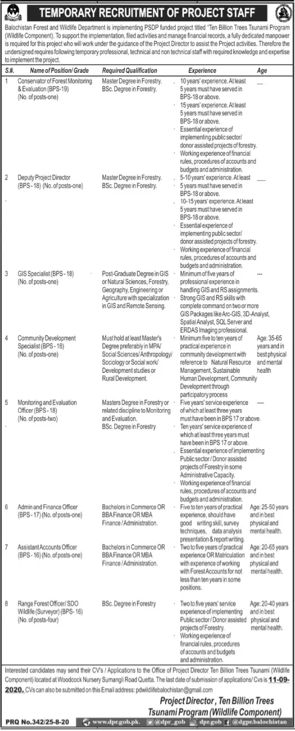 Job In Forest Department Balochistan – Forest and Wildlife Department Balochsitan Jobs 2020 — original advertisement