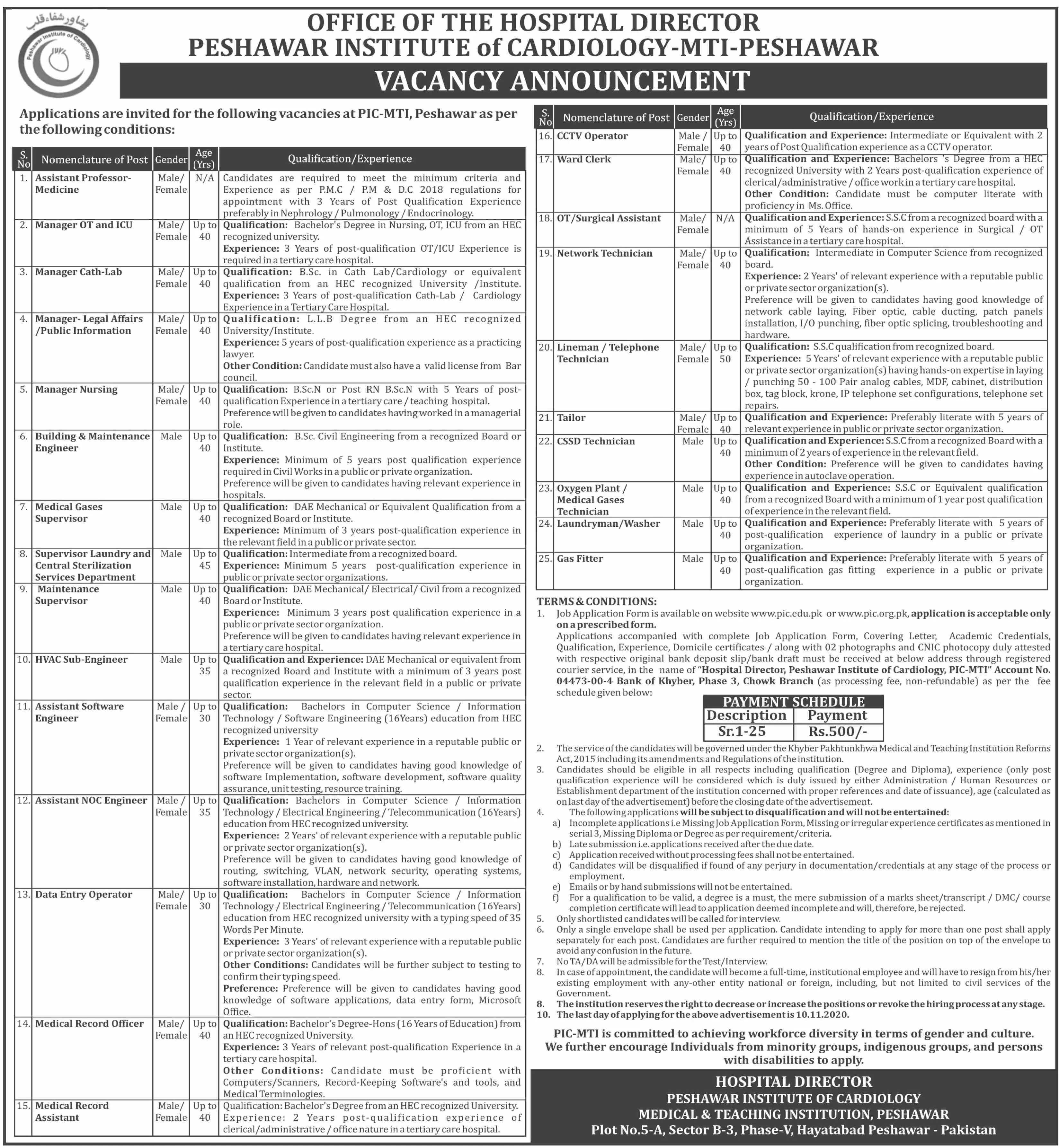 Jobs Peshawar Institute of Cardiology MTI Peshawar Jobs 2020 — original advertisement
