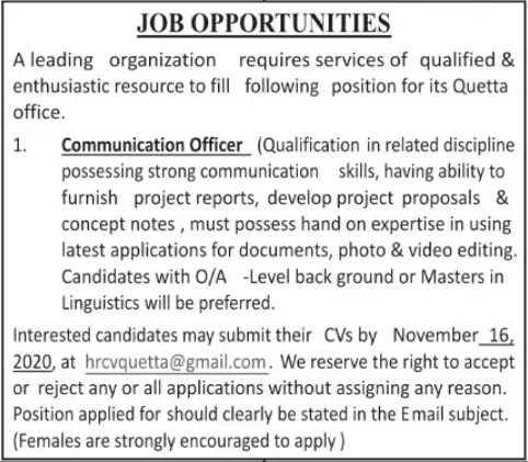 Jobs in Private Organization Quetta – Private Sector Organization Jobs 2020 — original advertisement