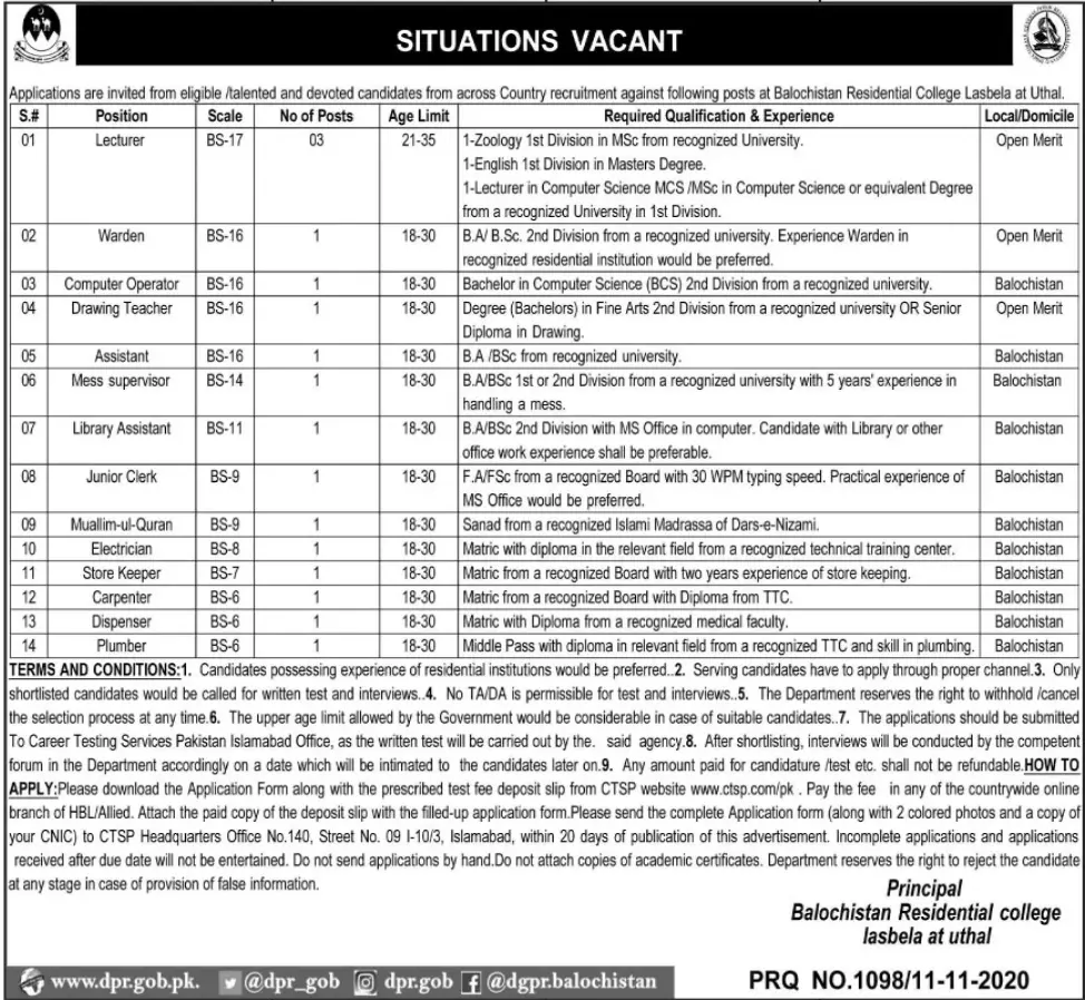 Jobs Balochistan Residential College Uthal Lasbela Jobs 2020 — original advertisement
