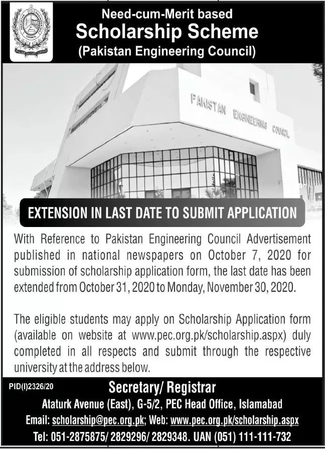 Pakistan Engineering Council Scholarship – Pakistan Engineering Council (PEC) Scholarships 2020 — original advertisement