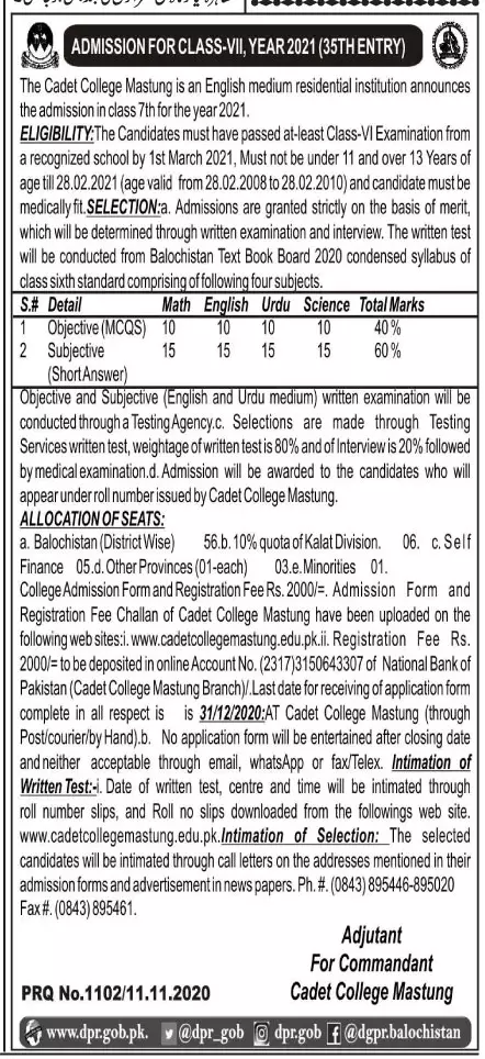 Admissions Cadet College Mastung Year 2021 – Cadet College Mastung Balochistan Admissions 2020 — original advertisement
