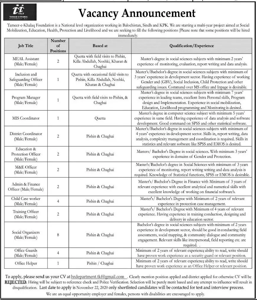 Jobs Tameer-e-Khalaq Foundation Pakistan Jobs 2020 — original advertisement
