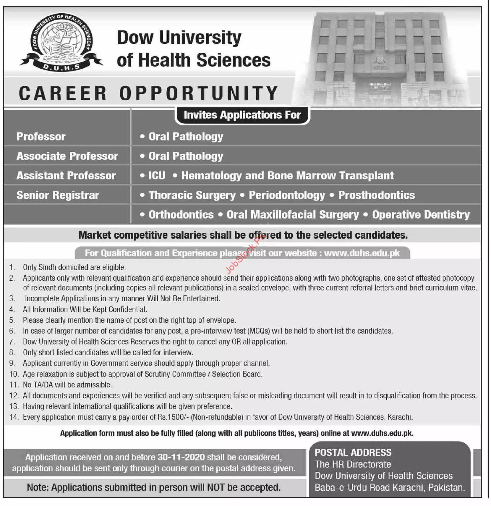 Jobs Dow University of Health Sciences Karachi Jobs 2020 — original advertisement
