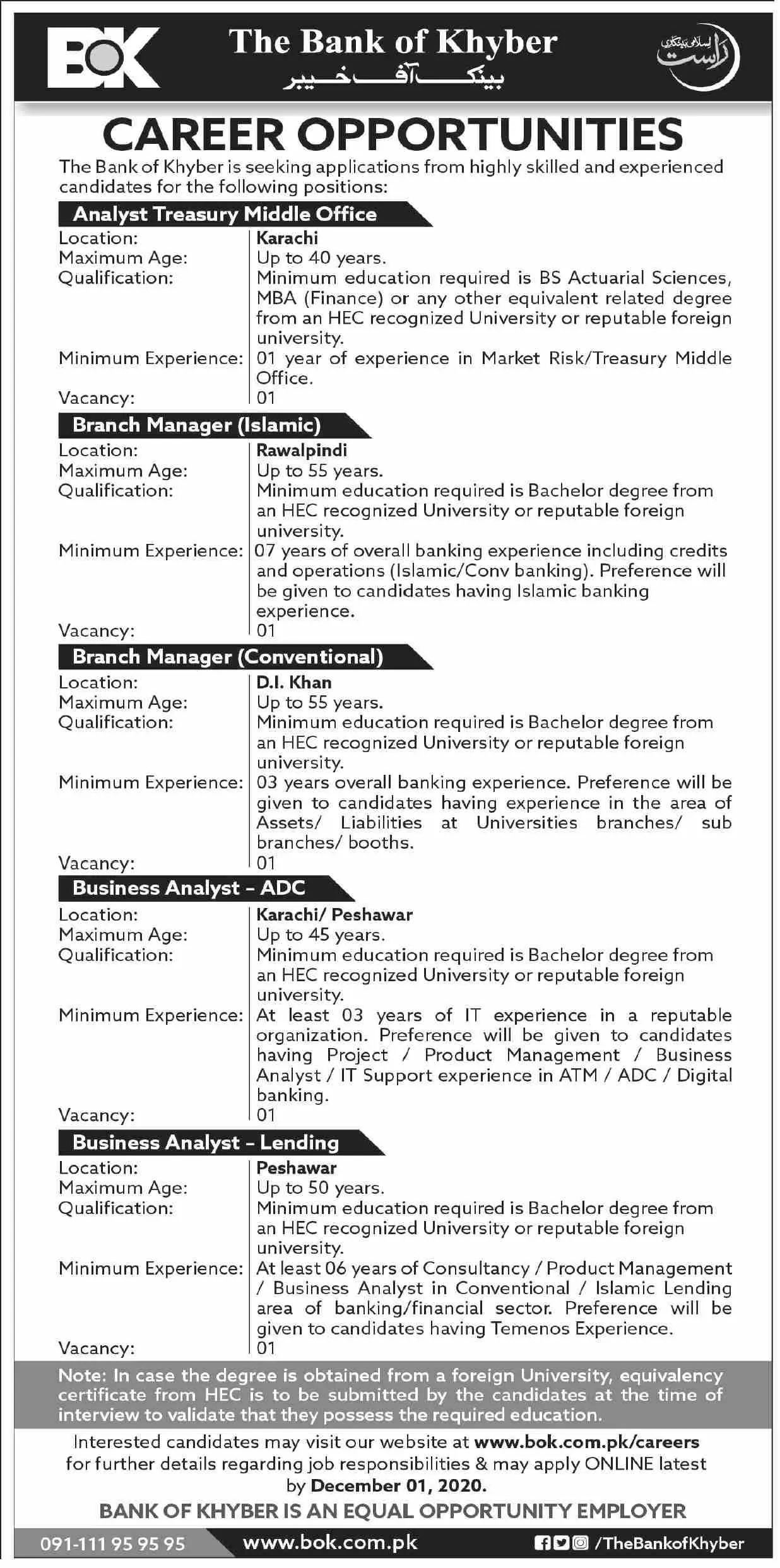 Jobs the Bank of Khyber Jobs 2020 — original advertisement