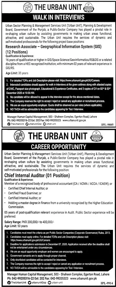 Jobs The Urban Unit Punjab Jobs 2020 — original advertisement
