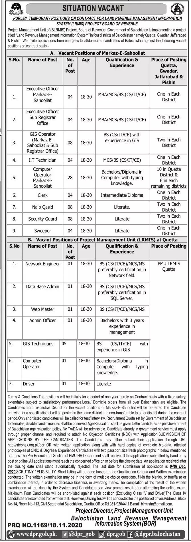 Jobs Revenue Management Information System (BOR – Revenue Department Balochistan Jobs 2020 — original advertisement