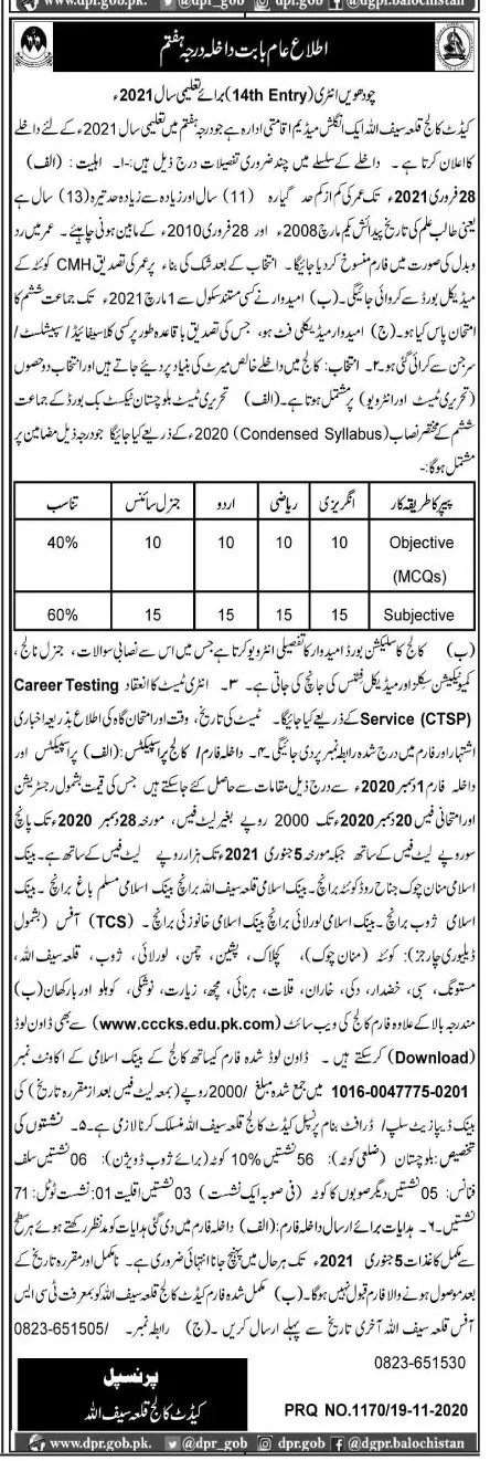 Admissions Cadet College Killasaifullah 2021 – Cadet College Killasaifullah Balochsitan Admissions 2020 — original advertisement