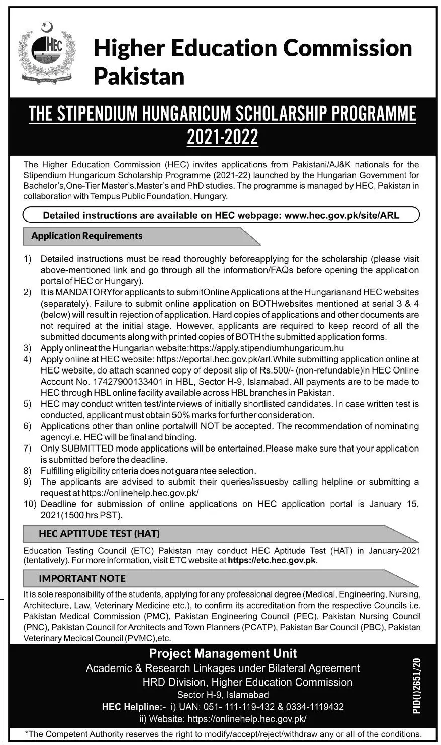 The Stipendium Hungaricum Scholarship Programme 2021-2022 – Higher Education Commission Islamabad Scholarships 2020 — original advertisement