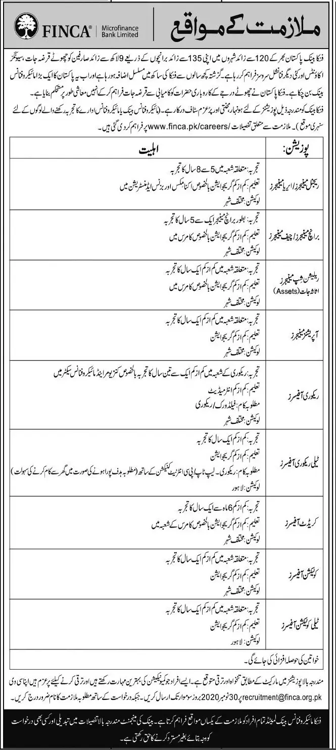 Jobs in FINCA Microfinance Bank – Finca Microfinance Bank Limited Jobs 2020 — original advertisement