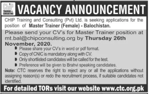 Jobs Chip Training Consultant CTC Balochsitan – Chip Training Consulting Pvt Ltd Jobs 2020 — original advertisement