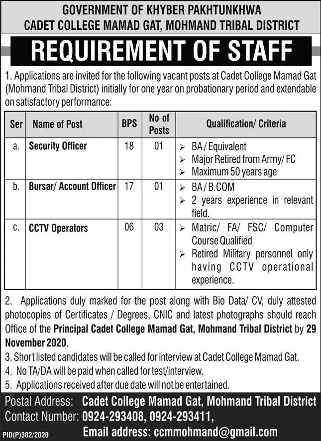 Jobs Cadet College Mamad Gat Mohmad Tribal District Kpk Jobs 2020 — original advertisement