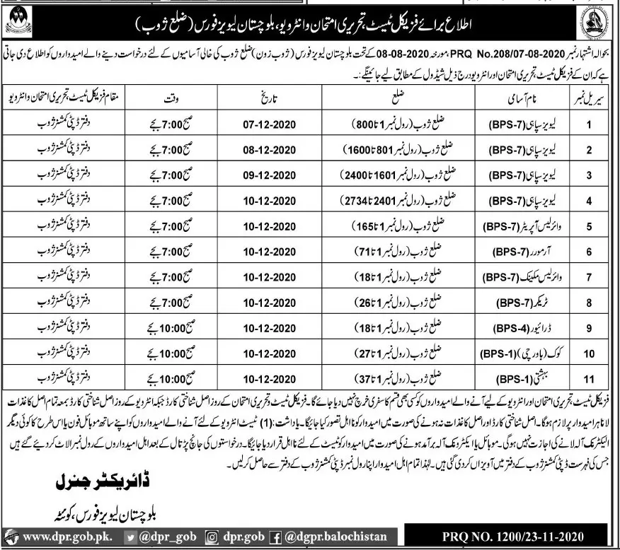Interviews Balochistan Levies Force Zhob Jobs 2020 — original advertisement