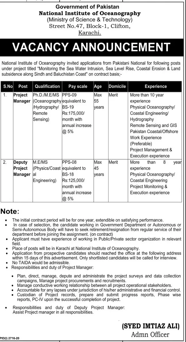 Jobs Ministry of Science Institute of Oceanography Islamabad – Ministry of Science & Technology Islamabad Jobs 2020 — original advertisement