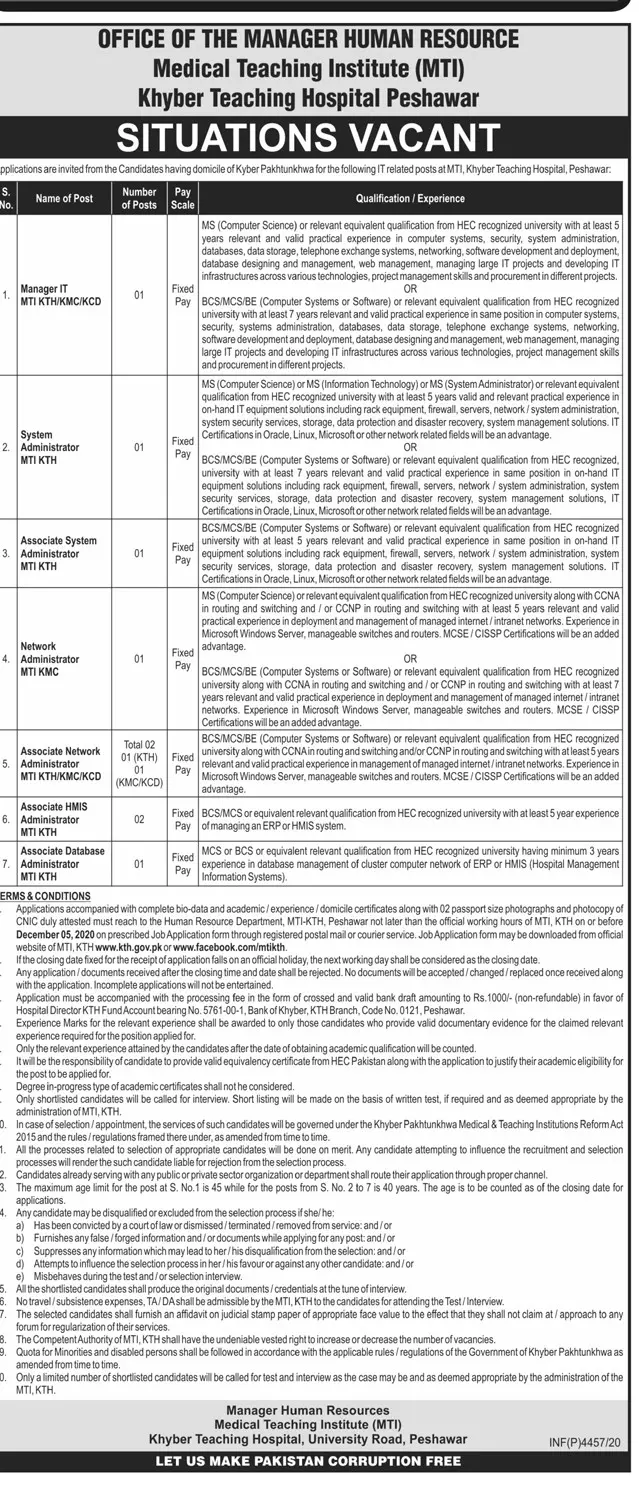 Jobs Medical Teaching Institute MTI Khyber Teaching Hospital – Medical Teaching Institute MTI Khyber Teaching Hospital Peshawar Kpk Jobs 2020 — original advertisement