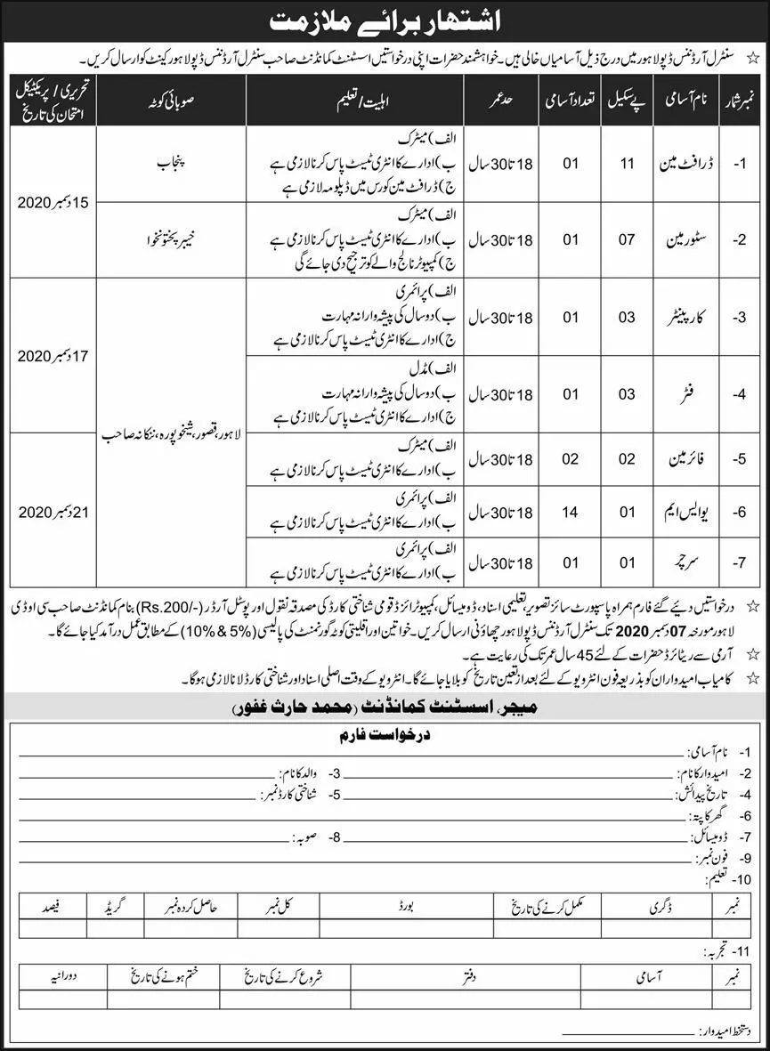 Jobs Central Ordnance Depot COD Lahore – Pakistan Army Jobs 2020 — original advertisement