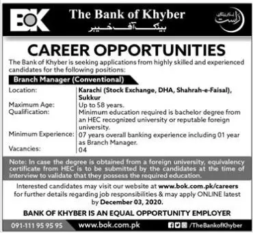 Jobs in Bank of Khyber Jobs 2020 — original advertisement