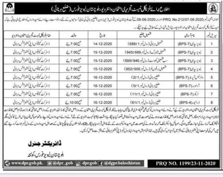 Interviews Balochistan Levies Force Harnai Jobs 2020 — original advertisement