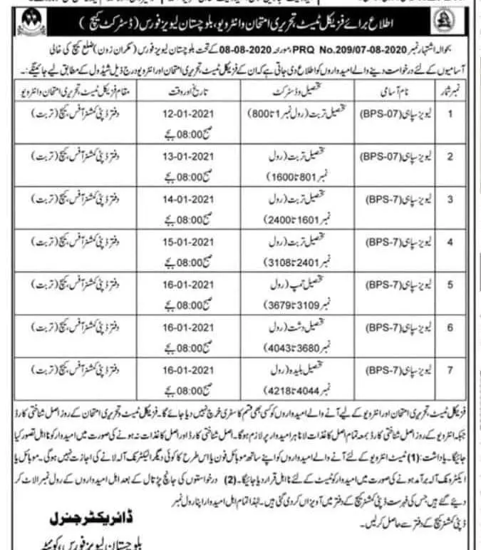 Jobs Balochistan Levies Force Kech Jobs 2020 — original advertisement