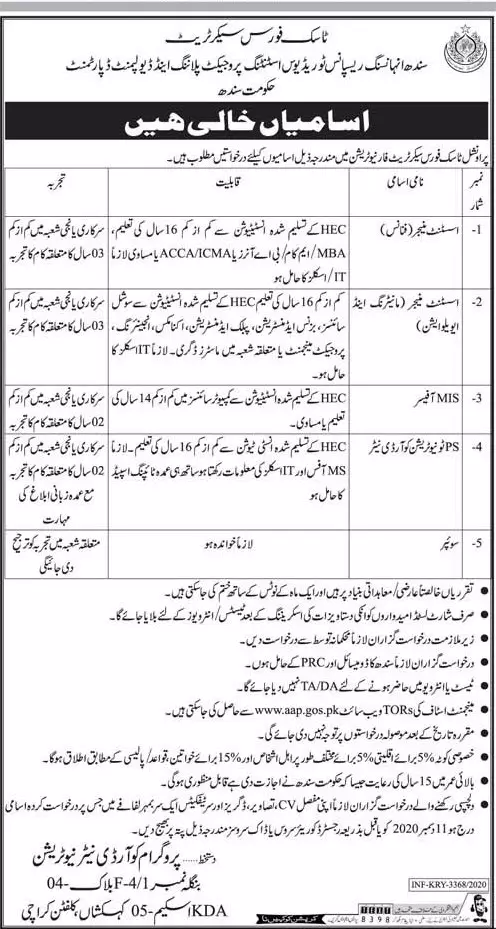 Jobs Planning & Development Department Sindh Jobs 2020 — original advertisement