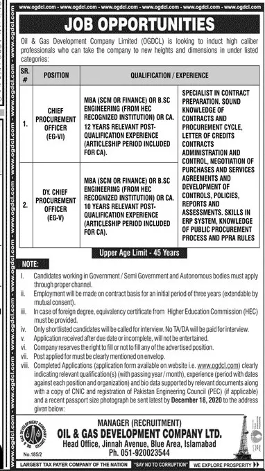 Jobs Oil & Gas Development (OGDCL) Company Ltd – Oil & Gas Development Company LTD Jobs 2020 — original advertisement