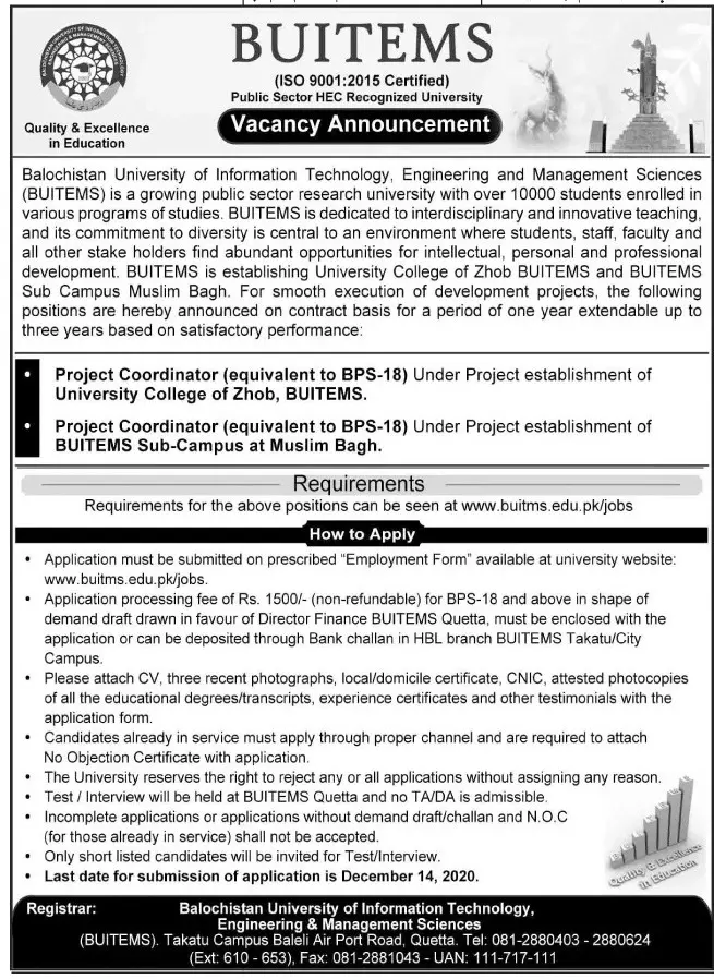 Jobs In  Balochistan University of Information Technology – Balochistan University of Information Technology & Management Science Quetta Jobs 2020 — original advertisement
