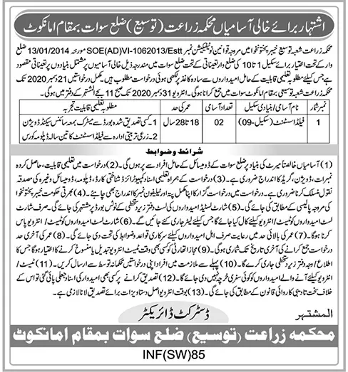 Jobs Agriculture Department Swat Kpk – Agriculture Department KPK Jobs 2020 — original advertisement