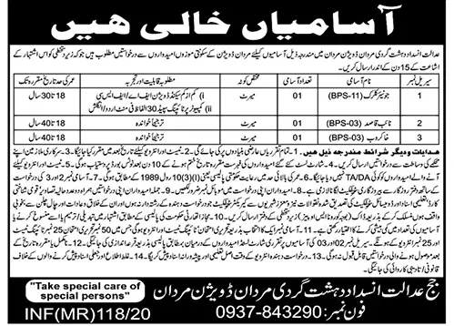 Jobs Anti Terrorism Court Mardan Kpk – Judiciary of Kpk Jobs 2020 — original advertisement