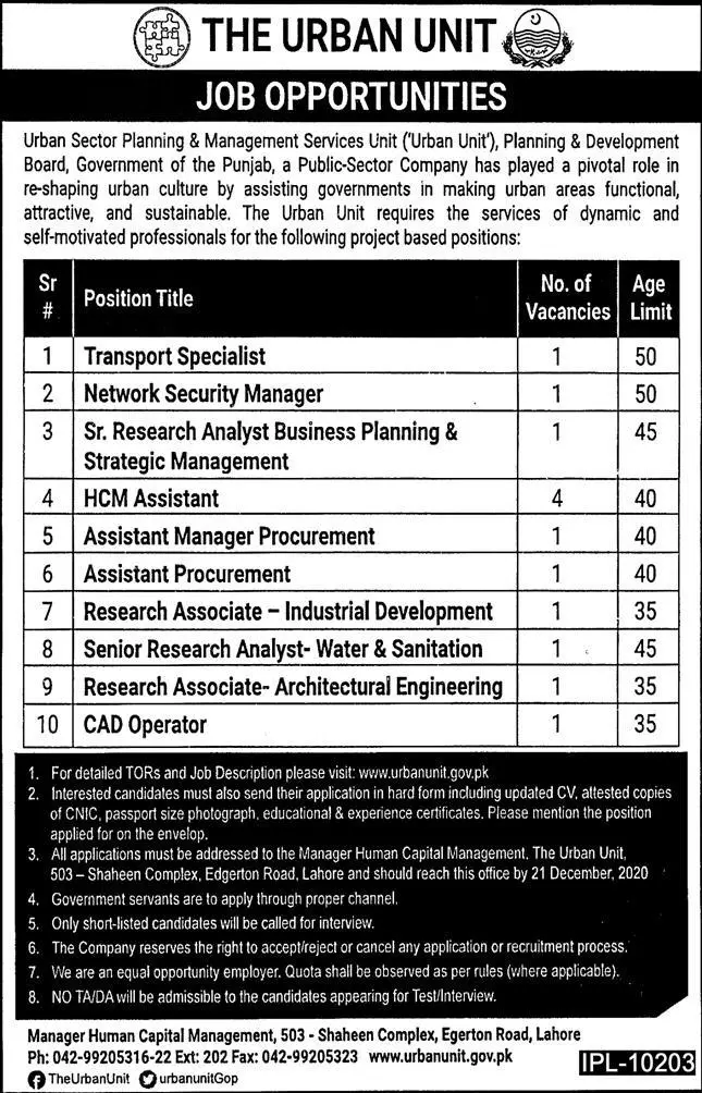 Jobs The Urban Unit Punjab Jobs 2020 — original advertisement