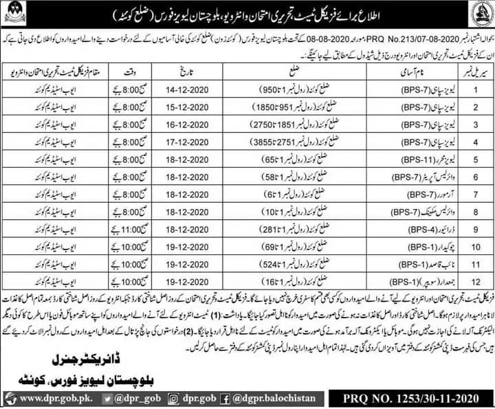 Interviews Balochistan Levies Force Quetta Jobs 2020 — original advertisement