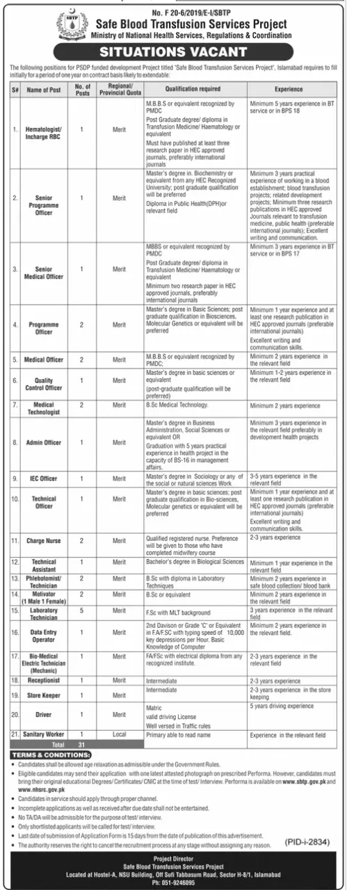 Jobs Ministry Of National Health Services Regulations – Ministry of National Health Services Regulation and Coordination Jobs 2020 — original advertisement