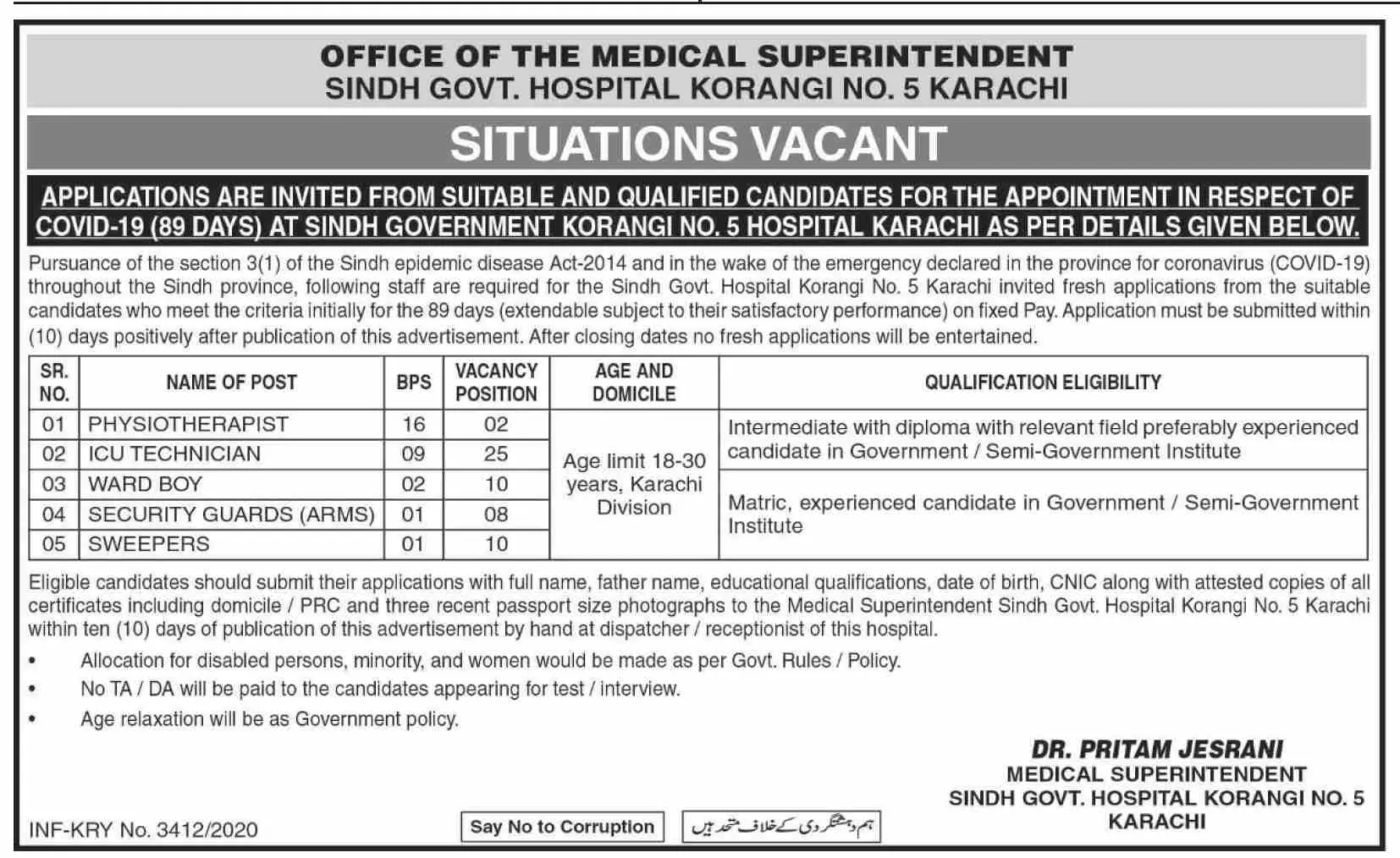 Sindh Govt Hospital Korangi Karachi – Health Department Sindh Jobs 2020 — original advertisement