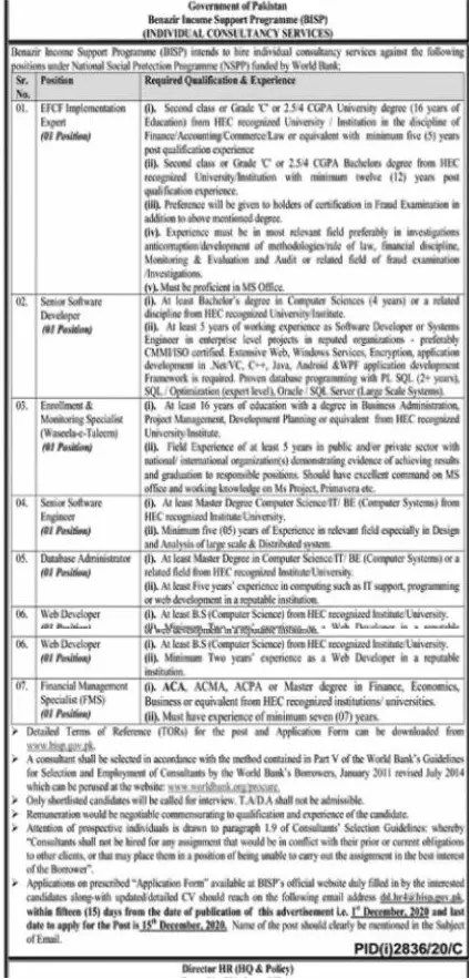 Jobs Benazir Income Support Programme BISP Jobs 2020 — original advertisement