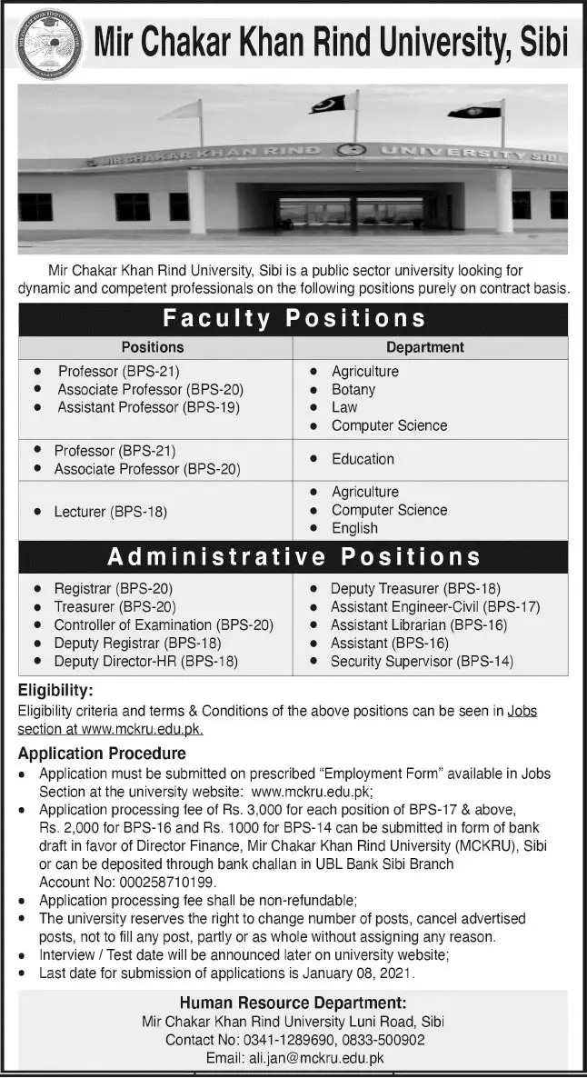 Jobs Mir chakar khan rind university MCKRU Sibi – Mir Chakar Khan Rind University Sibi Jobs 2020 — original advertisement