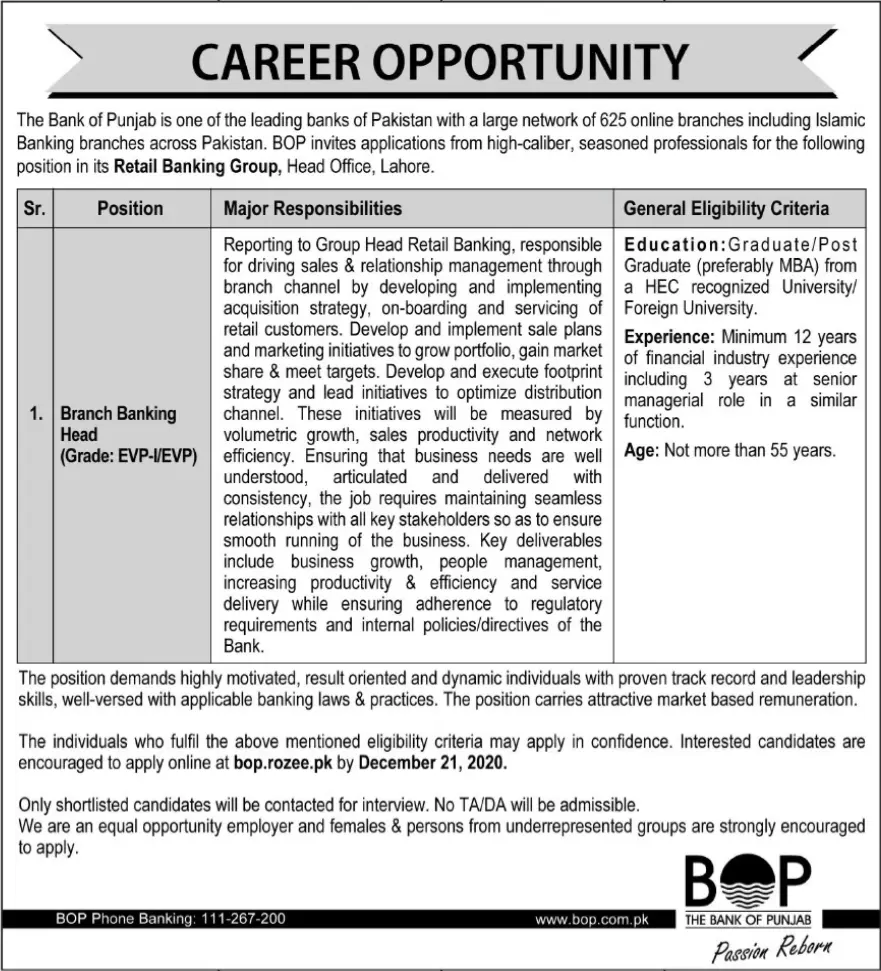 Jobs in Bank of Punjab Jobs 2020 — original advertisement