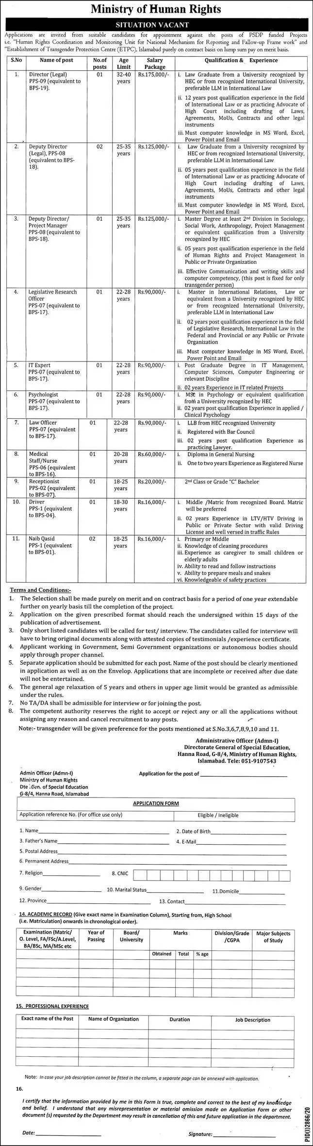 Jobs Ministry of Human Rights Islamabad Jobs 2020 — original advertisement